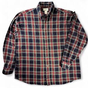 LL Bean Scotch Plaid Flannel Button Down Shirt Mens L Red Black Tartan Cabincore
